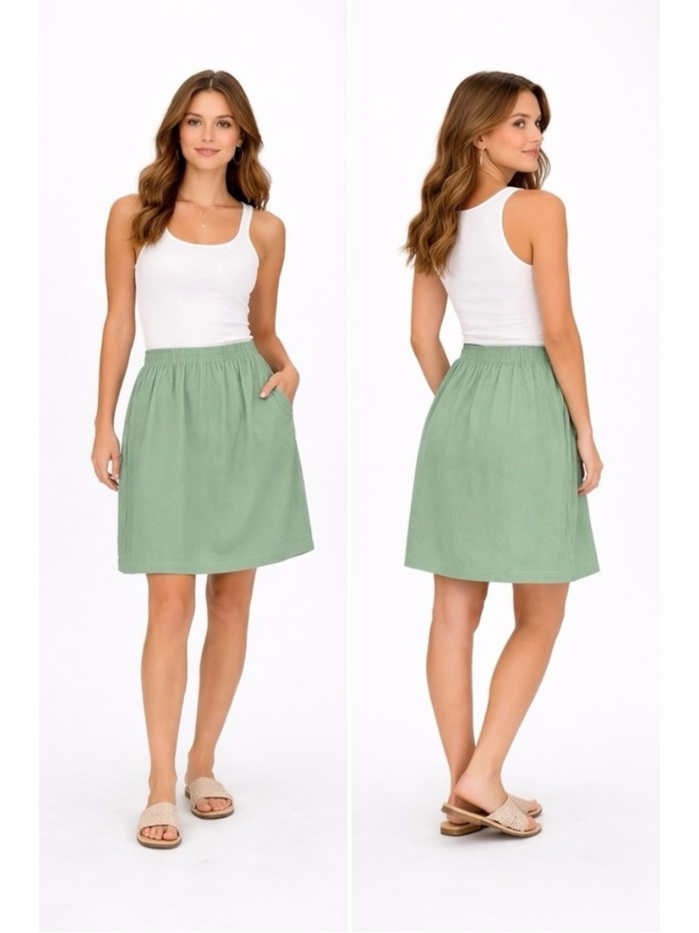 NWT Tulip B Classic A-Line Sage Green Elastic Waist Pull On Lined Pockets Skirt